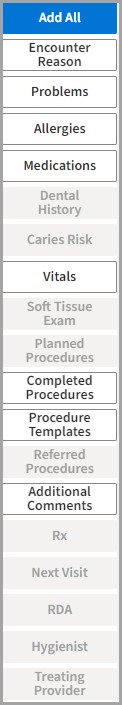 Clinical Note section buttons in a vertical list showing items available to add to the note.